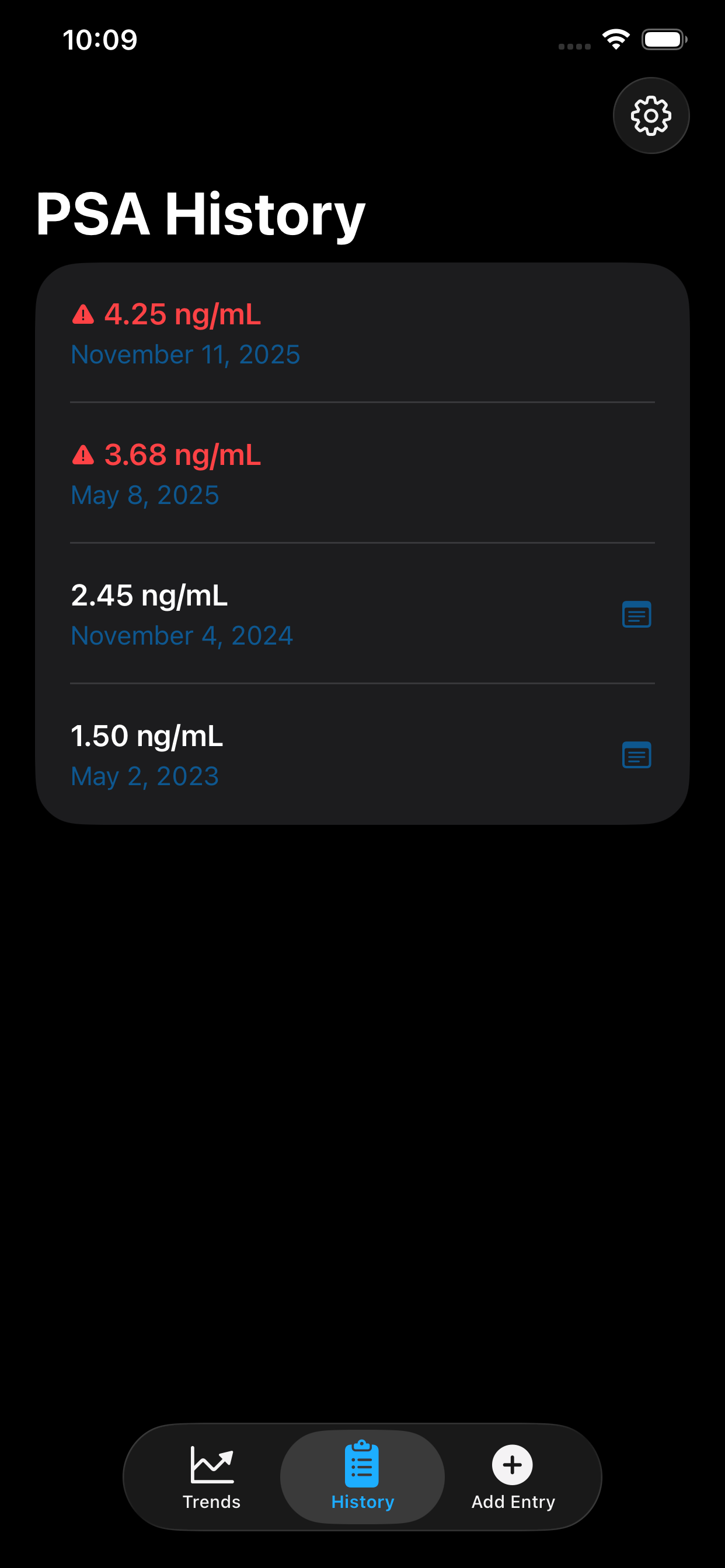 PSA Monitor history list